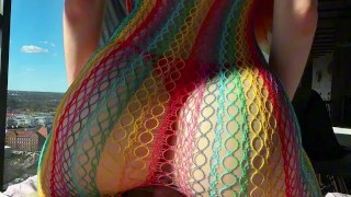 Red-haired bitch with perfect forms sharply rides a big cock and jerks cock with her skinny arms!