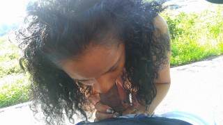 PUBLIC BLOWJOB EXOTIC EBONY COSPLAY BROWN BIG TITS SUCKS DICK ON BIKETRAIL