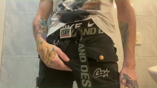 top boy jerks off his big dick in the toilet and cums on camera