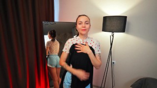 Hot brunette Wife try on on a new outfit and shows off her figure