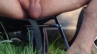 Wank and cum outdoors on public
