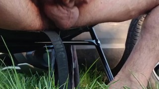 Wank and cum outdoors on public