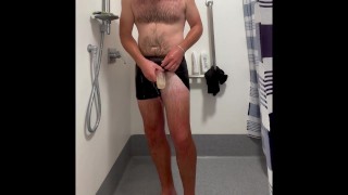 Work shower clothed fleshlight play