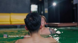 Asian boys Titus low and Tyler Wu flip fucks in the pool