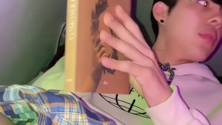 A young geek tries to concentrate on his book but decides to masturbate and shoot semen (Cum twink)