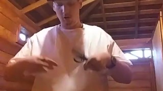 Risky exhibitionist in park bathroom showing off with nipple clamps on & ripping clothes off!