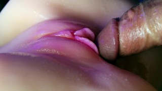 Juicy pussy close-up absorbs a portion of sperm from a big cock and slurps!