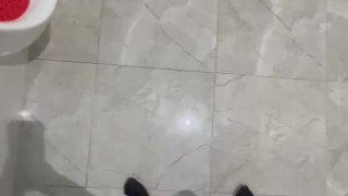 Wearing black pantyhose and exposing in the public bathroom