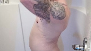 Stroking my cock in the public shower