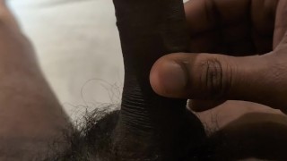 Hot guy masturbates with his own precum until huge cum shot