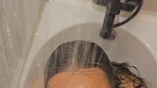 Sexy wife's wet bath blowjob and handjob with blazing nails