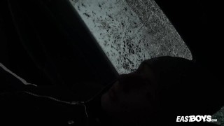 Wild handjob in car and winter in woods