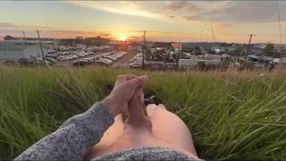 Sunset Canada Stroking Uncut Cock Public Atop Grassy Hill