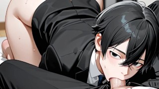 Mature CEO ejaculated inside femboy assistant's ass in the office