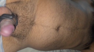 Hairy mexican chubby against massage machine. Handsfree cum