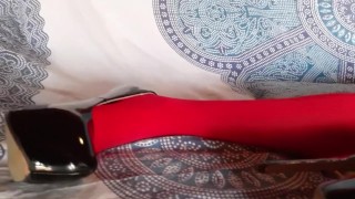 The milf with beautiful legs, red pantyhose and black heels