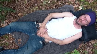 Playing with my dick in the park gets me hard and makes me cum