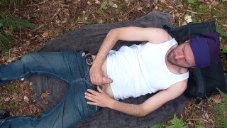 Playing with my dick in the park gets me hard and makes me cum