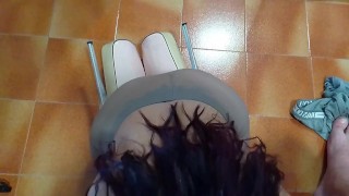 Milf with pantyhose, high heels, perfect tits and big ass gives blowjob with cum in mouth