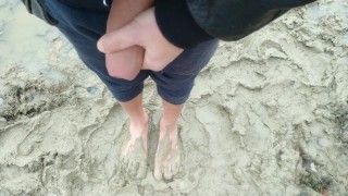 Stepping in mud barefoot - dirty feet and jerk off and stepping on own cum at the end