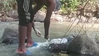 Stroking big black dick while shower outdoors part1