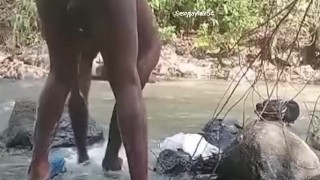 Stroking big black dick outdoors part 2