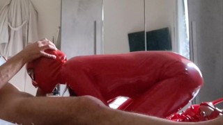 Milf in latex catsuit gives blowjob and swallows cum