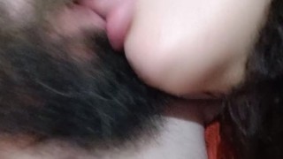 horny slut with a tongue kiss, jerking off the cuckold's cock hard while she sucks his big mouth