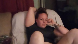 Pretty white girl in with her legs spread on couch teasing and roommate could not resist and kiss