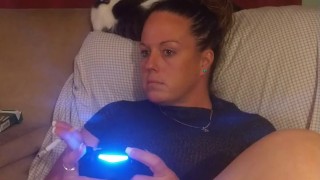 Sexy Step Mom Secretary Upskirt Teasing Spreading Legs Wide and Smoking While Playing Video Games