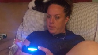 Sexy Step Mom Secretary Upskirt Teasing Spreading Legs Wide and Smoking While Playing Video Games