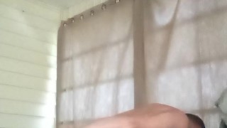 Beefy Tatted Up Hunk Bends Over The Couch and Trys To Fuck His Tight Hole With Spatula