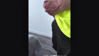 A sporty guy decided to relieve tension after coming home from the gym. Masturbation, lots of cum