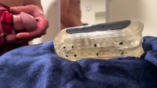 horny student pounds stroker in work bathroom, cums on blanket”